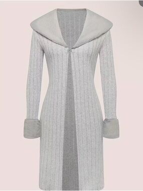 Gray Ribbed Long Cardigan with Faux Fur Trim